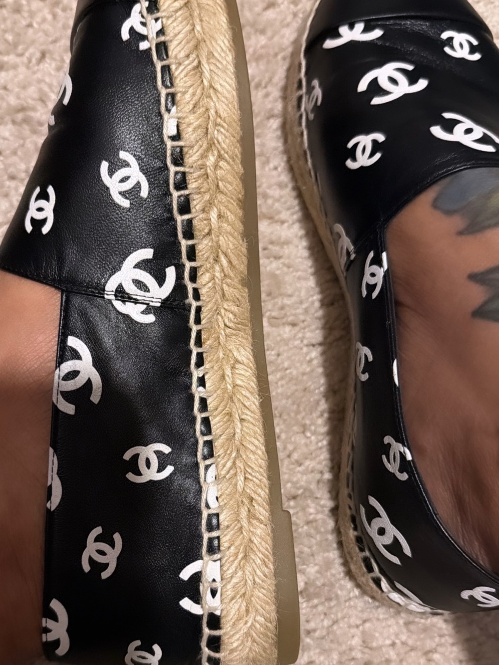 CHANEL Black Leather Espadrilles with White CC Logos - Picture 6 of 6